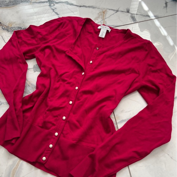 White House Black Market Crimson Hot Bright Pinkish Red Cardigan Medium - Picture 2 of 8